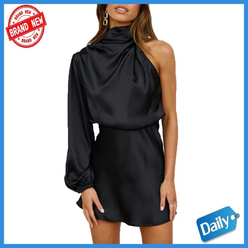 Satin One Shoulder Mini Dress Long Sleeve Cut Out Cocktail Party